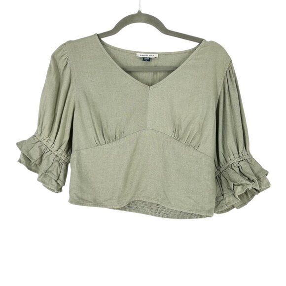 American Eagle Short Sleeve Cropped Blouse in Faded Olive - Picture 1 of 5